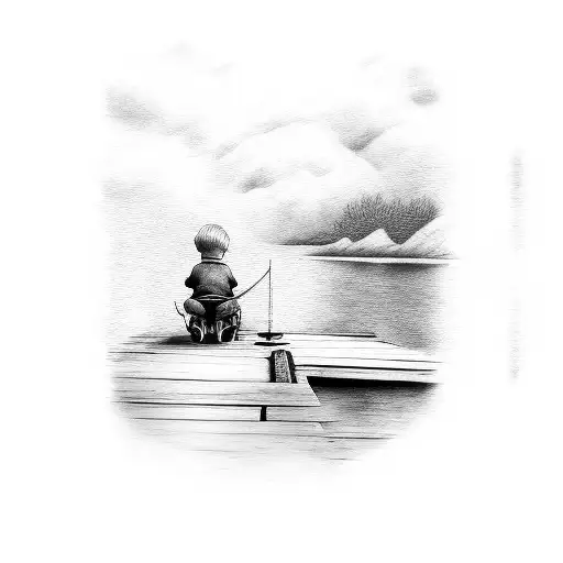 A Child And Old Man Sitting On A Dock Fishing