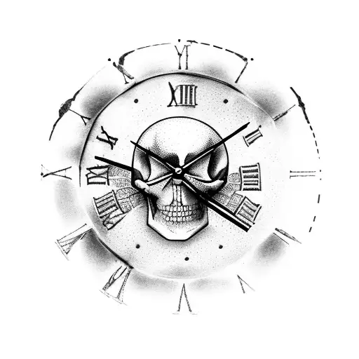 Old Broken Clock With Skull Behind It