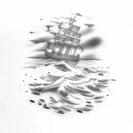 Stary Beach Night With Pirate Ship In The Ocean And Dog On The Sand