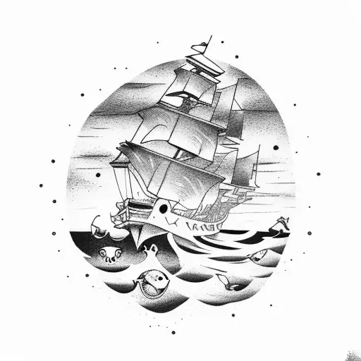 Stary Beach Night With Pirate Ship In The Ocean And Dog On The Sand