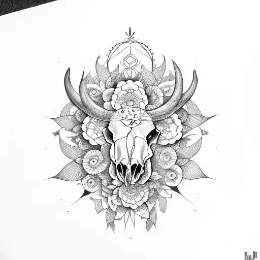 Cow Skull Vines Around Horns Mandala Behind Feathers And Flowers