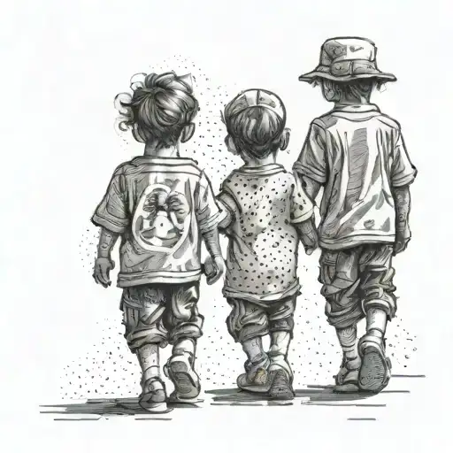 Two Kids With Dad Walking Back Side