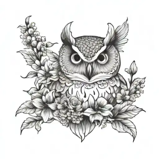 White Owl Sitting Behind Flowers Blooming