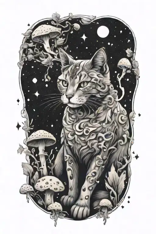 A Celestial Cat Constellation Surrounded By Various Mushrooms