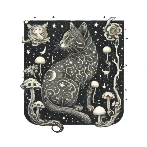 A Celestial Cat Constellation Surrounded By Various Mushrooms