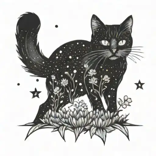 A Cat Exploring A Field Of Colorful Flowers Under A Starry Sky