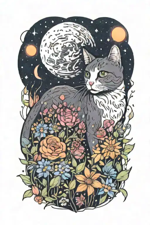 A Cat Exploring A Field Of Colorful Flowers Under A Starry Sky