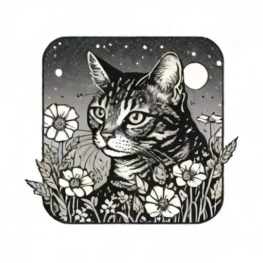 A Cat Exploring A Field Of Colorful Flowers Under A Starry Sky