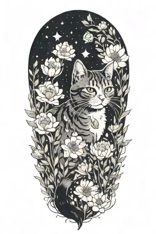 A Cat Exploring A Field Of Colorful Flowers Under A Starry Sky