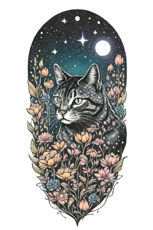 A Cat Exploring A Field Of Colorful Flowers Under A Starry Sky
