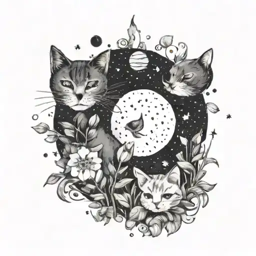 A Celestial Garden Filled With Space Flowers And Cats Playing Among Them