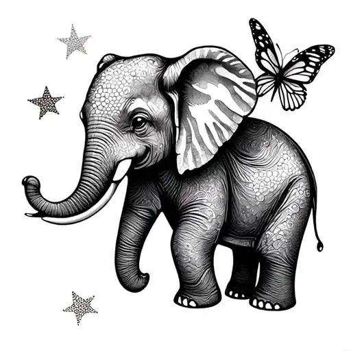 Baby Elephant With Butterfly On Trunk And Two Stars Above