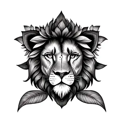 Lion Face And Lotus Flower