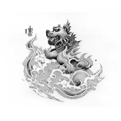 Foo Dog With Cherry Blossom And Wave