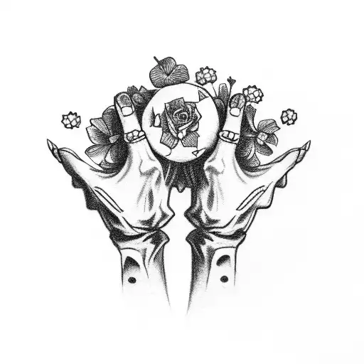 Skeleton Hands Holding A Hand Of Aces With A Flower Bouquet And Pocket Chips