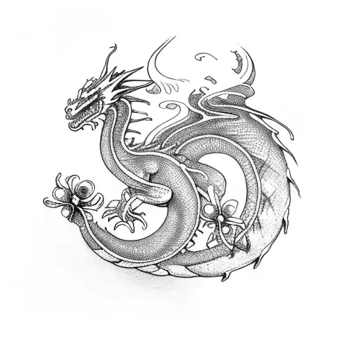 Dragon Vertical Avec Des Fleurs