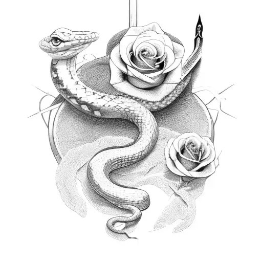 Snake With A Knife And Roses