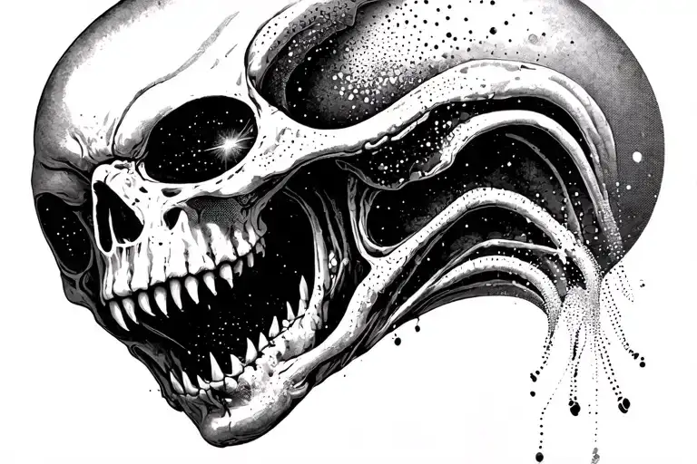 Cosmic Alien Romulis Elongated Skull With An Open Mouth With Fangs In Saliva