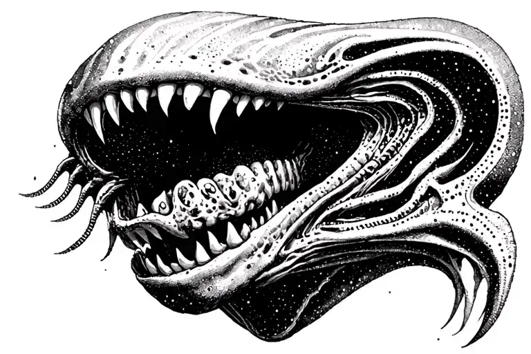 Cosmic Alien Romulis Elongated Muzzle With An Open Mouth With Fangs In Saliva Tattoo