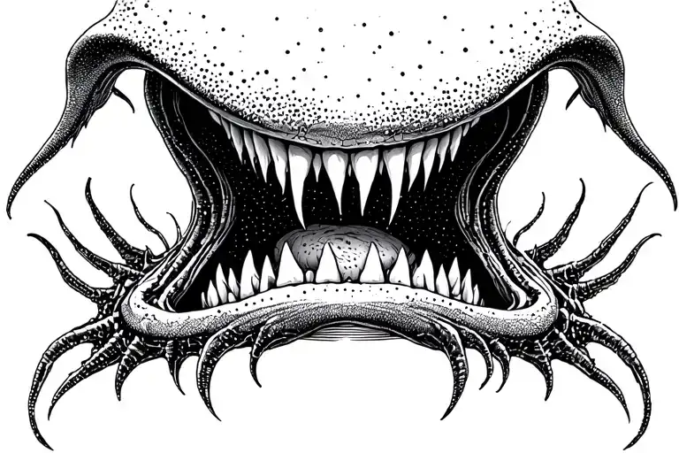 Cosmic Alien Romulis Elongated Muzzle With An Open Mouth With Fangs In Saliva Tattoo