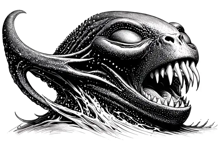 Cosmic Alien Romulis Elongated Muzzle With An Open Mouth With Fangs In Saliva Tattoo