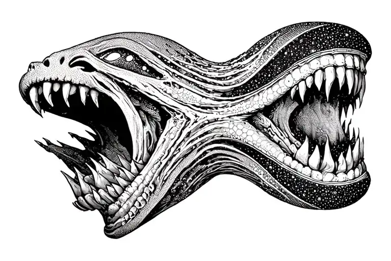 Cosmic Alien Romulis Elongated Muzzle With An Open Mouth With Fangs In Saliva Tattoo