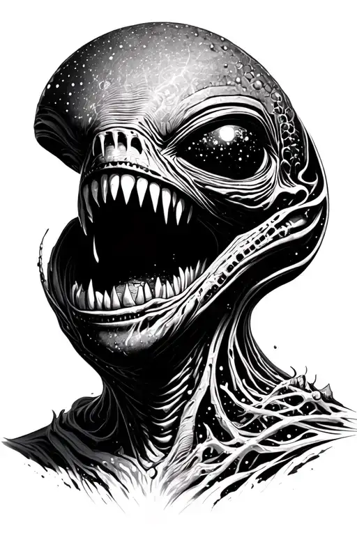 Cosmic Alien Romulis Elongated Muzzle With An Open Mouth With Fangs In Saliva With Space Elements