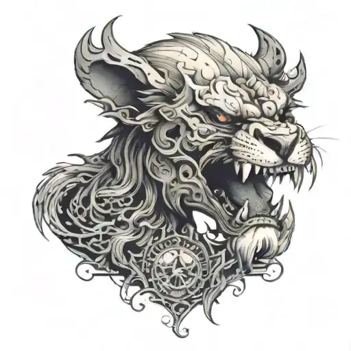 A Skull Of A Lion Half Decayed With An Eastern Dragon Coming Out Of It