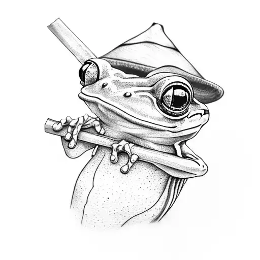 Frog Stripping On A Bamboo Stick Wearing A Sun Hat