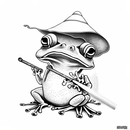 Frog Stripping On A Bamboo Stick Wearing A Sun Hat