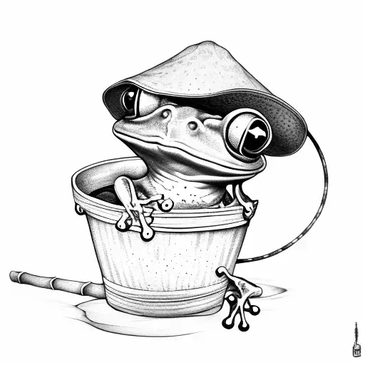 Frog Stripping On A Bamboo Stick Wearing A Bucket Hat