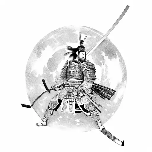 Samurai With A Katana In His Hands Against The Backdrop Of The Red Moon