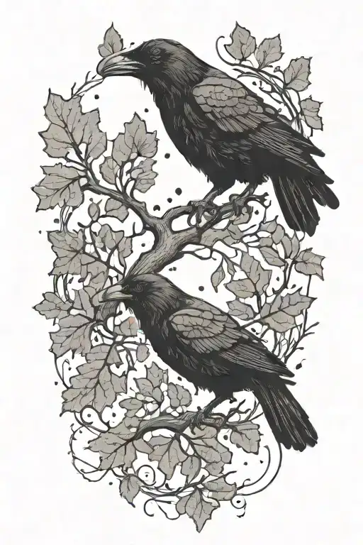 An Oak Tree Branch With Leafs Morphing Into A Black Crow Silhouette