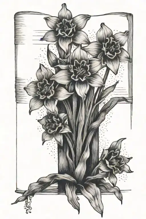A Minimalist Dotwork Tattoo Of A Blackout Book With Elegant Narcissus Flowers Growing Out Of It