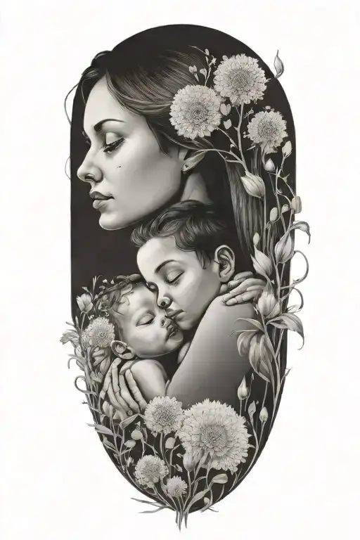 Mother With Two Babies Nestled Among Dandelions In Her Arms