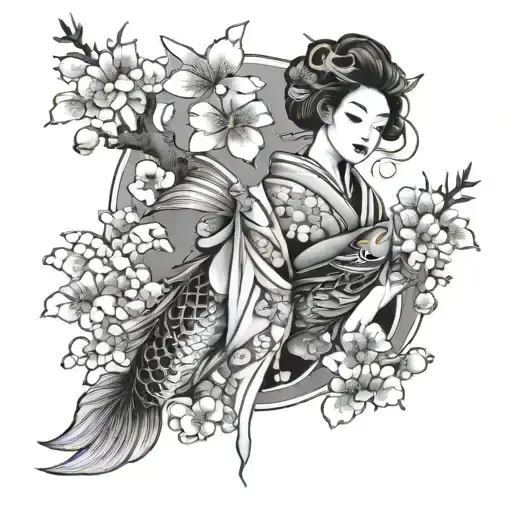 Geisha With Cherry Blossoms And A Koi Fish