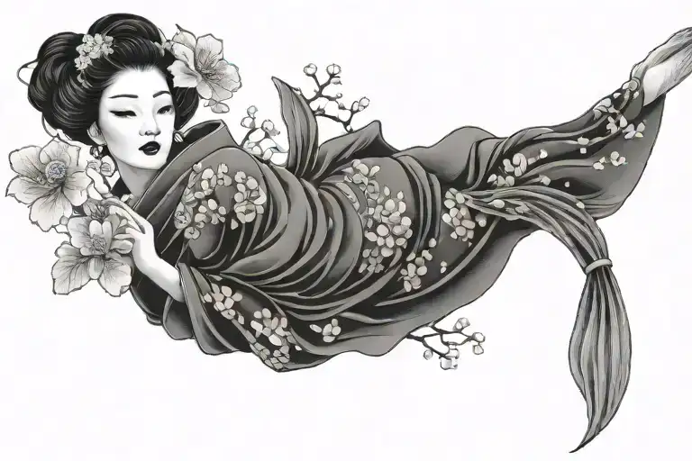 Geisha With Cherry Blossoms And A Koi Fish
