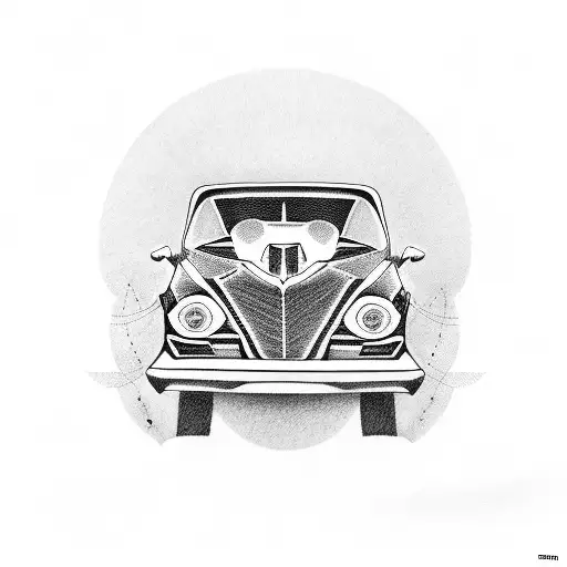 A Blackwork Tattoo Of A Lowrider Car With Musical Notes Flowing Out Of The Windows