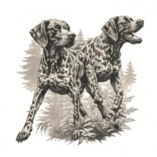 A Dotwork Tattoo Of Two German Shorthaired Pointers Chasing After Birds In A Forest Setting