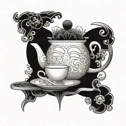 Geisha Holding A Tea Set With Intricate Chinese Designs In The Background