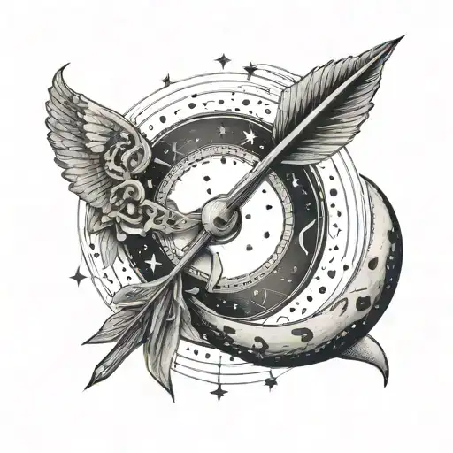 A Celestial Bookworm Tattoo Featuring A Sagittarius Arrow And Quarter Moon Elements
