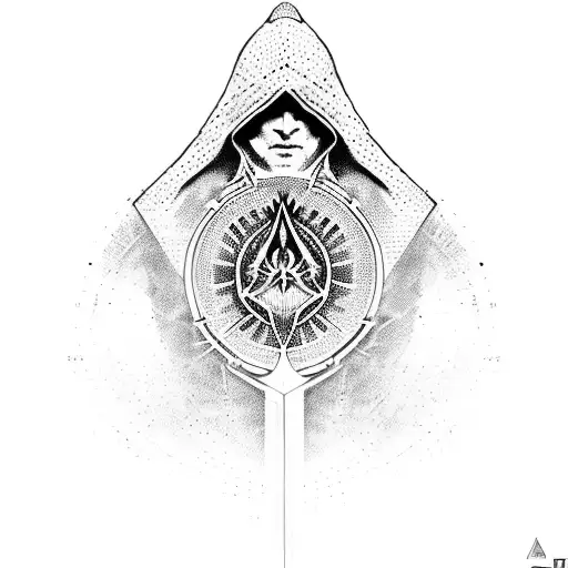 A Dotwork Design Featuring The Iconic Assassin's Creed Hooded Figure With An Evil Eye Incorporated