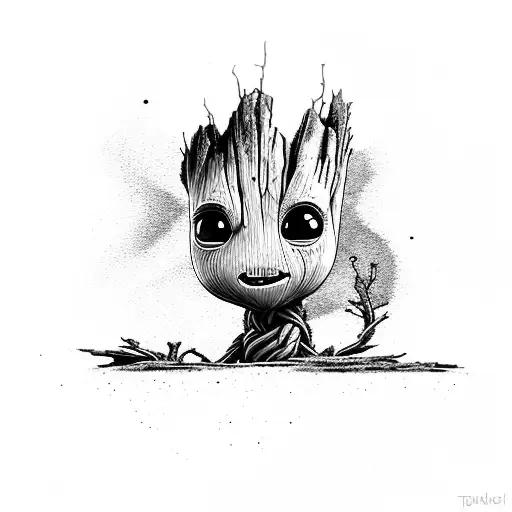 A Baby Groot Sitting On A Stump