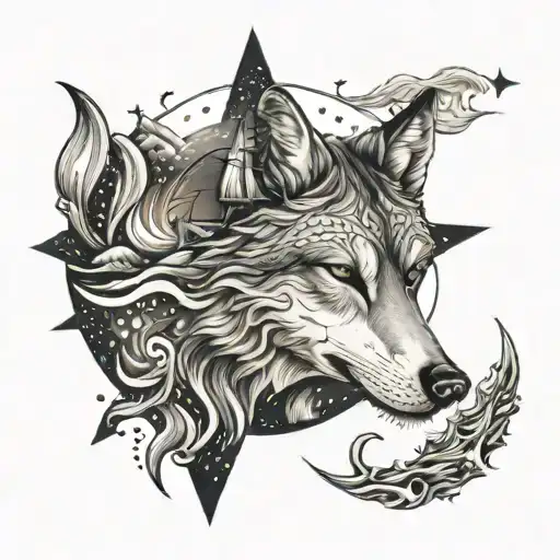Sailing Into The Sea Waves And Wolf As Star In The Sky