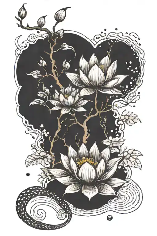 Lotus Flower With Koi Wish And Cherry Blossom Trees