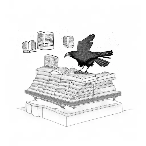 A Raven Playing A Grand Piano With Books Flying Out Of The Piano Keys