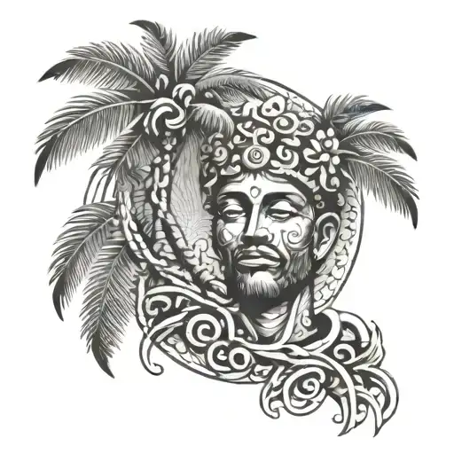 An Intricate Dotwork Design Featuring A Godly Figure Intertwined With Palm Tree Leaves