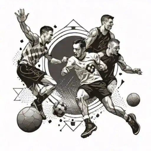 A Tattoo Design Showcasing A Group Of Friends Playing Various Sports In A Stylized Geometric Pattern