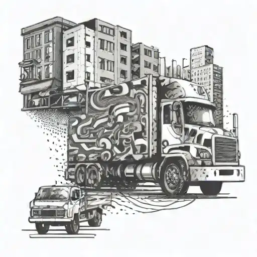 An Abstract Dotwork Design Of A Truck Driver Navigating Through A Busy Cityscape