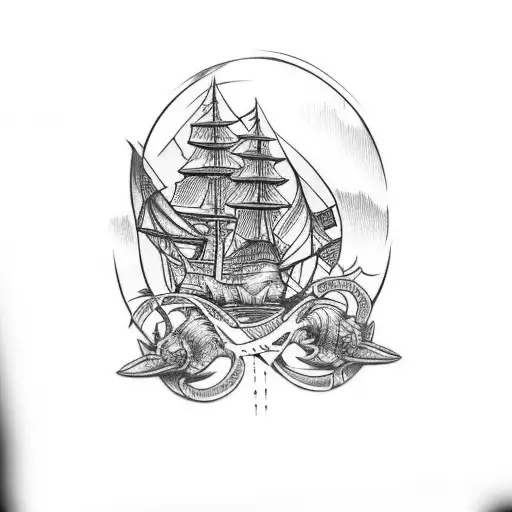 Tribal Tattoo On Shoulder And Bicep With Ship Tattoo On Forearm